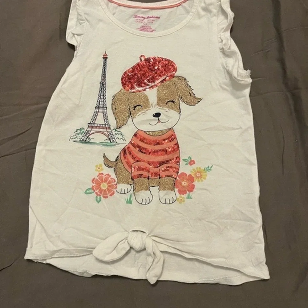 Tommy Bahama‎ Girls White Paris Puppy Sequin Tie Front Ruffle Top Size M 7/8